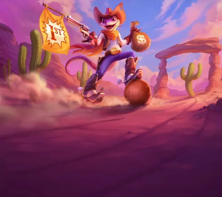 Lizaro Casino – a lizard cowboy with a revolver, a “1st” flag and a money bag dribbling a ball across a pink desert, sports first deposit bonus banner